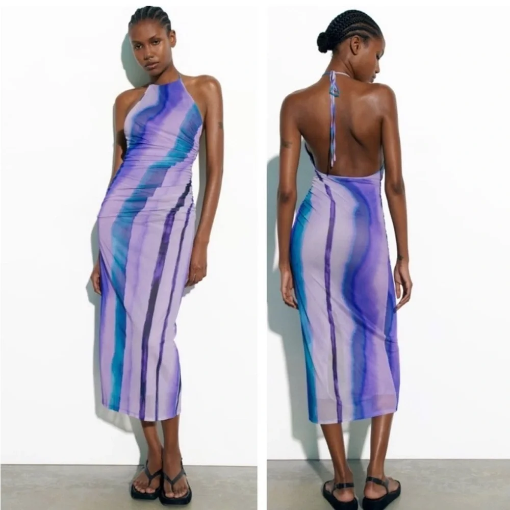 Zara Purple Marble Print Halter Midi Dress Size Large - Picture 1 of 8